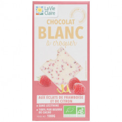 Chocolat blanc aux éclats de framboise et citron, 33% de cacao minimum.