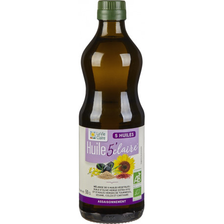 Huile 5'Claire: huile d'olive vierge extra 51%, huiles vierges de tournesol, sésame et carthame.