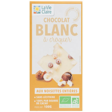 Chocolat blanc aux noisettes entières, 33% de cacao minimum.