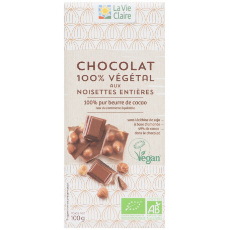 Chocolat 100% végétal aux noisettes entières