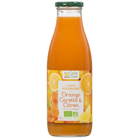 Jus d'orange, carotte et citron pasteurisé, 100% jus pressé.