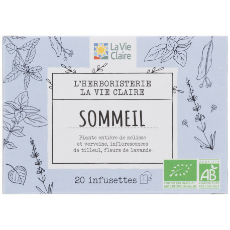 Infusion sommeil, plante entière de mélisse
et verveine, inflorescence de tilleul, fleur de lavande.