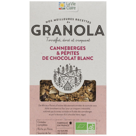 Granola canneberges avec pépites de chocolat blanc, torréfié, bio.